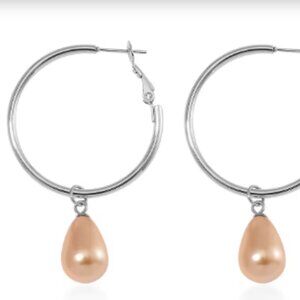 Golden Shell Pearl Tear Drop Hoop Earrings in Stainless Steel